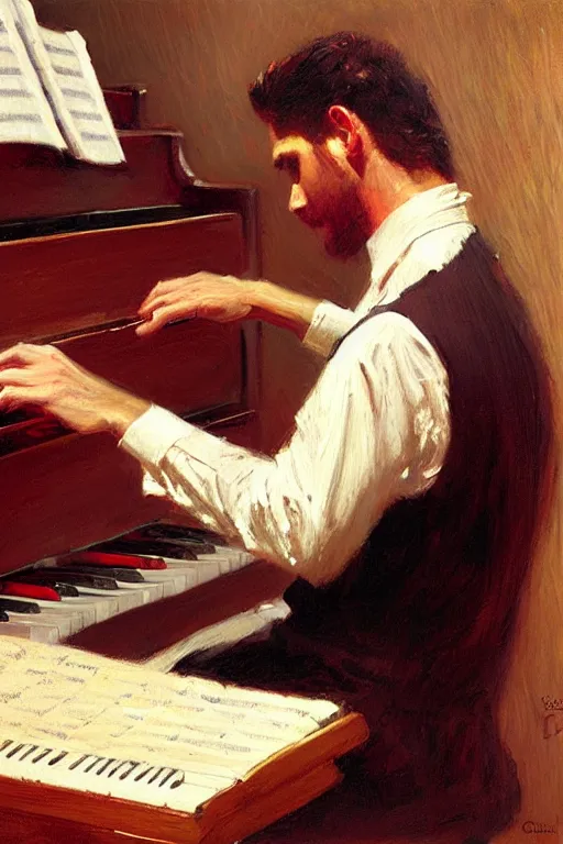 Prompt: attractive man playing piano, painting by gaston bussiere, craig mullins