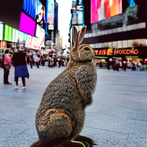 Prompt: a rabbit standing in times square, photorealistic