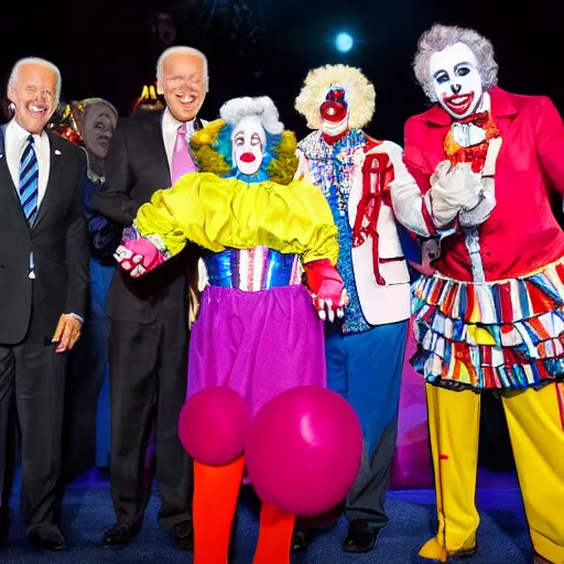 Image similar to A grand circus with Joe Biden in the middle wearing clown costume and colorful clown makeup