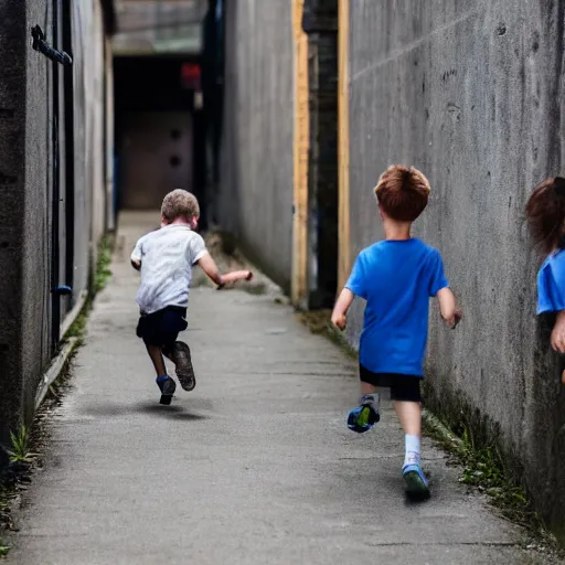 Prompt: kids running down a school alleyway in a hype, photorealistic, 4k, award-winning