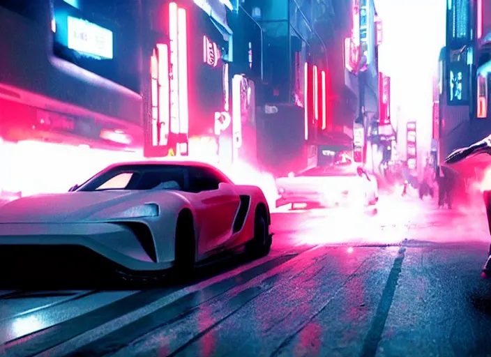 Image similar to Bladerunner2049 street racing man leaning cool pose on his white sports car with red emissives volumetric lighting Cyberpunk RTX ray marching street atmospheric cinematic screen cap street Tokyo slightly foggy Ryan Church Roger Deakins RX7 FD S15 GTR R35 Nismo