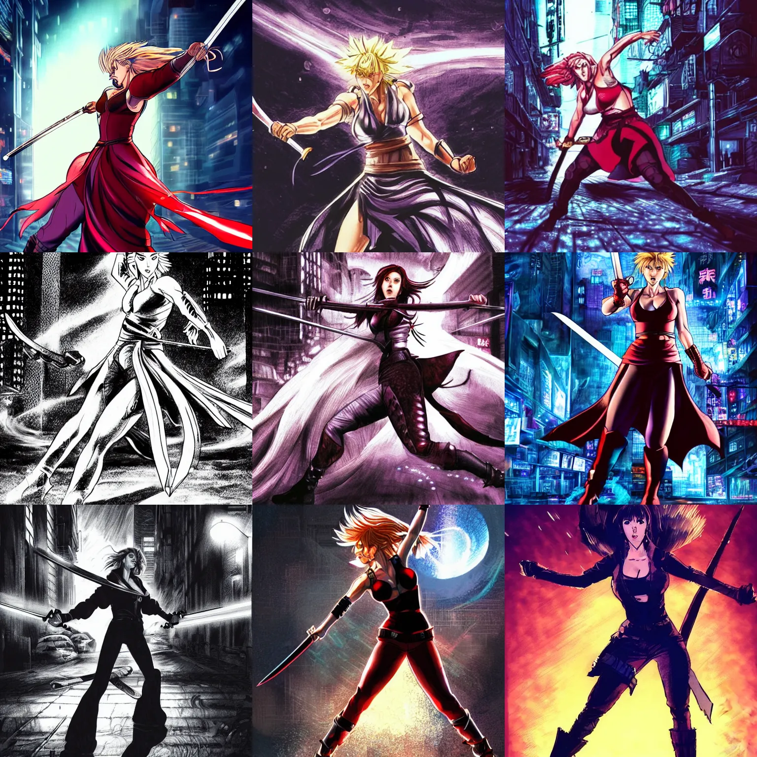 Prompt: scarlett johansson spinning with swinging a sword in fist of the north star anime style, pencil and ink manga, full body action pose, dramatic lighting in a post apocalyptic cyberpunk city, at night with dramatic moonlight, drawn with added movement effects