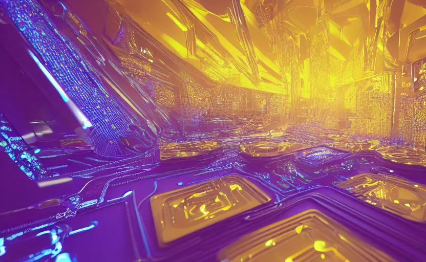 Prompt: inside a dream of a diamond scattered with computer circuitry and led displays, yellow water-cooling coolant, trending on artstation, digital art, octane render, ray-tracing, 4k desktop background