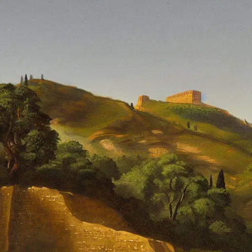 Image similar to a very detailed painting of a hill, ancient rome stands behind it in the distance, thick brush strokes, visible layers of paint.