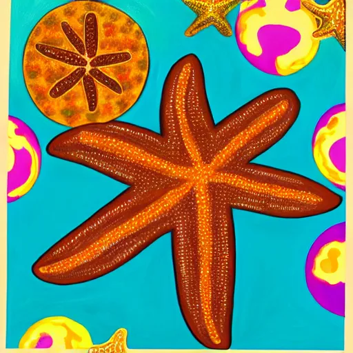 Image similar to a painting of a giant brown starfish with the words c and starfish in big letters. children in a school band playing nearby. art by lisa frank