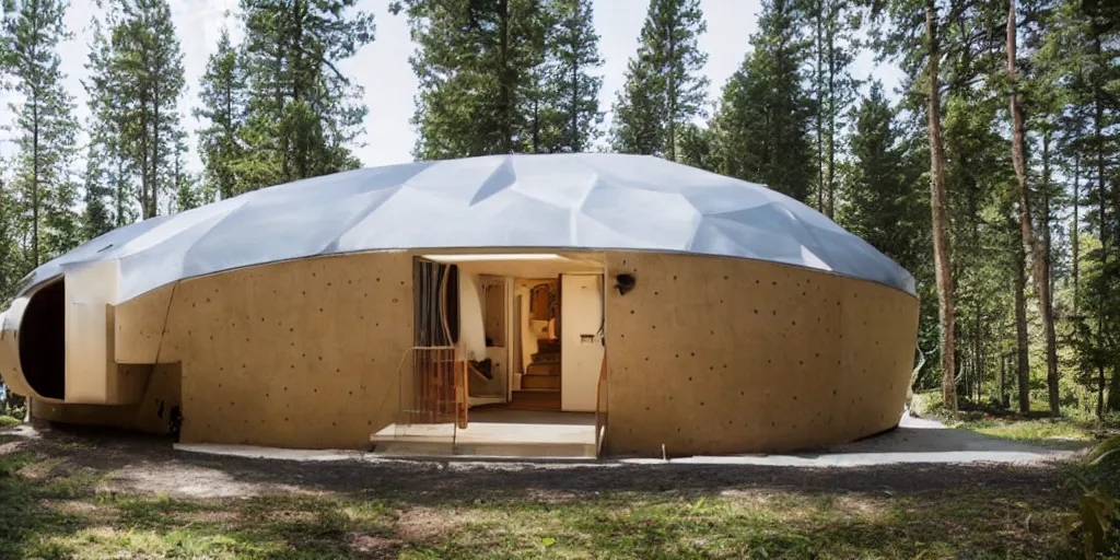 Image similar to large futuristic yurt, many windows, concrete and steel, by george suyama architect