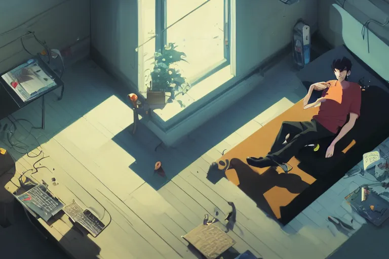 Image similar to a young man sitting in a bedroom chair playing xbox, a black cat is asleep next to him, wide angle shot from above, golden curve composition, animation portrait concept art, style of makoto shinkai, james jean and peter mohrbacher, studio ghibli, artgerm, karol bak, dan mumford, 4 k hd, animation style