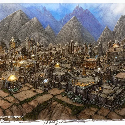 Prompt: a dwarven city in the mountains, by john howe