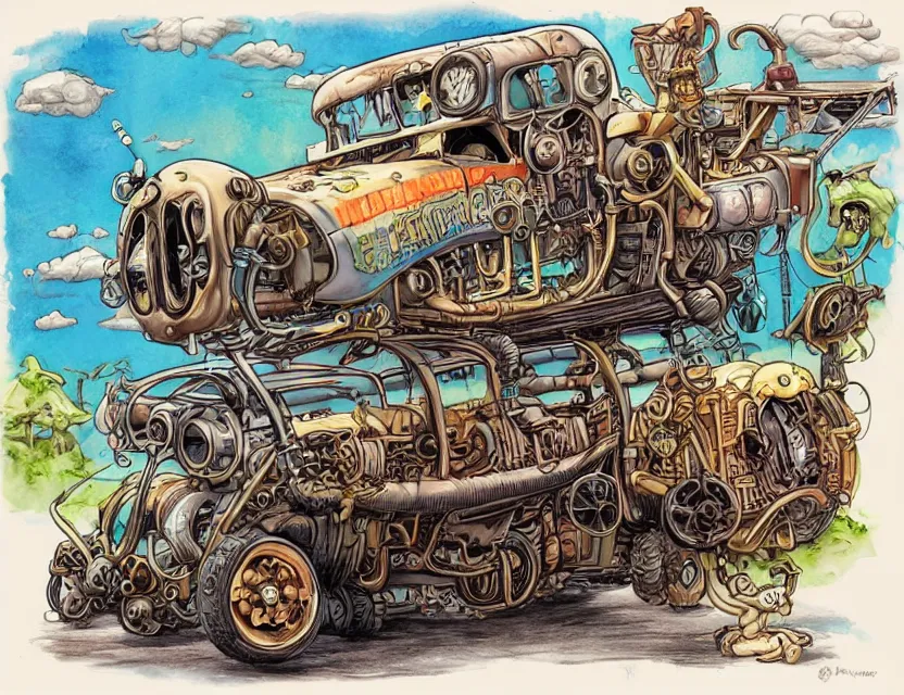 Image similar to cute and funny, a steampunk car with a cabin on top, ratfink style by ed roth, centered award winning watercolor pen illustration, isometric illustration by chihiro iwasaki, edited by range murata, tiny details by artgerm and watercolor girl, sharply focused