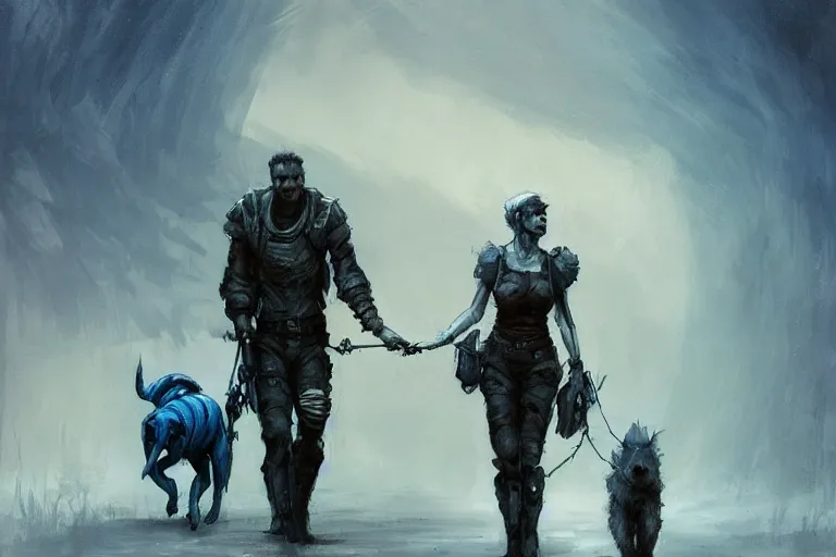 Image similar to a couple walking their dog in lourmarin, in mad max style, stargate, coriolios rpg art style, full of details, dark sci - fi, cold blue colors, matte painting, artstation, 8 k, hyperrealistic, style of peter mohrbacher