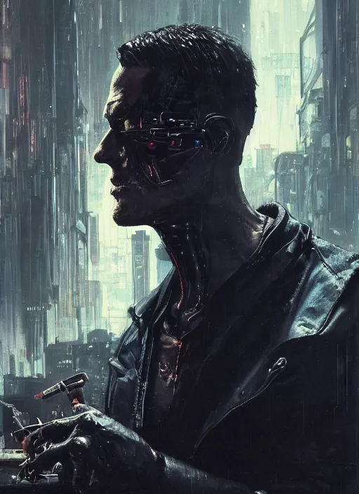 Prompt: Frankenstein as a cyberpunk assassin in a cyberpunk stealth suit (blade runner 2049, cyberpunk 2077). explosions. action. Orientalist portrait by john william waterhouse and James Gurney and Theodore Ralli and Nasreddine Dinet, oil on canvas. Cinematic, hyper realism, realistic proportions, dramatic lighting, high detail 4k
