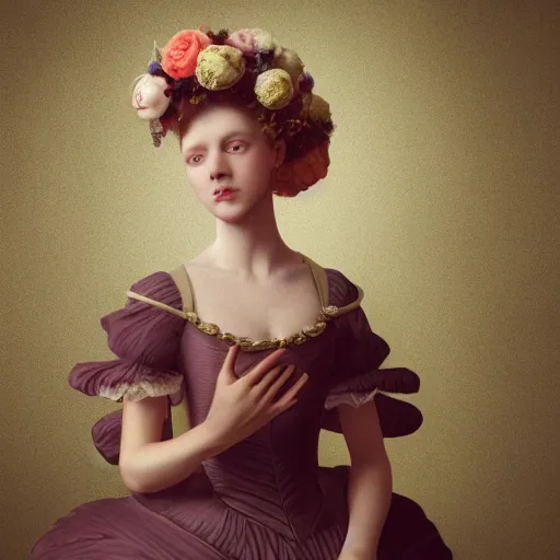 Prompt: 8k, octane render, realism, tonalism, renaissance, rococo, baroque, portrait of a young lady wearing ruffle sleeve dress with flowers and skulls looking to the side background chaotic gold leaf flowers