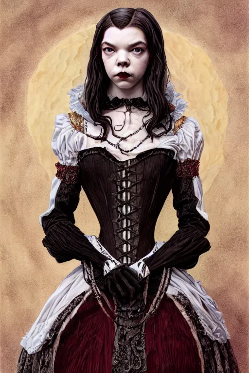 Image similar to anya taylor - joy vampire queen, full body, intricate victorian dress, hyper detailed, digital art, trending in artstation, cinematic lighting, studio quality, smooth render, artgerm, joshua middleton, rafael albuquerque, unreal engine 5 rendered, octane rendered, art style by klimt and nixeu and ian sprigger and wlop and krenz cushart