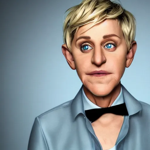 Image similar to portrait of ellen degeneres as a muppet, amazing artwork, natural light, elegant, photorealistic felt texture, intricate, detailed, atmospheric lighting, anamorphic lens flare, cinematic lighting, hd wallpaper, ultra high details by greg rutkowski