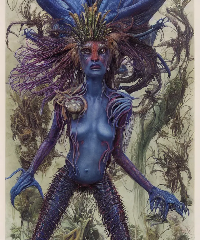 Prompt: a portrait photograph of a fierce sadie sink as an alien harpy queen with blue slimy amphibian skin. she is trying on evil bulbous slimy organic membrane fetish fashion and transforming into a fiery succubus amphibian orchid. by donato giancola, walton ford, ernst haeckel, brian froud, hr giger. 8 k, cgsociety