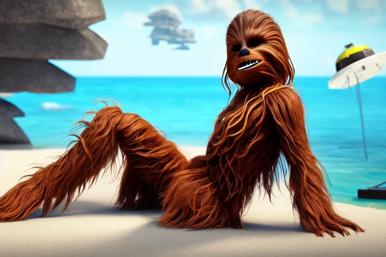 Prompt: Chewbacca wearing a bikini lounging on a beach, fashion photography, studio lighting, super resolution, Star Wars, Wookie, hyper realistic, octane render, trending on artstation, artstationHD, artstationHQ, unreal engine, 4k, 8k