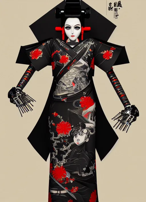 Image similar to full body portrait of a gothic japanese robot geisha with kanji tattoos and decals wearing a digital pixelated kimono, intricate design, photorealistic, octane render, raytraced, ultra fine detailed, character design, trending on artstation