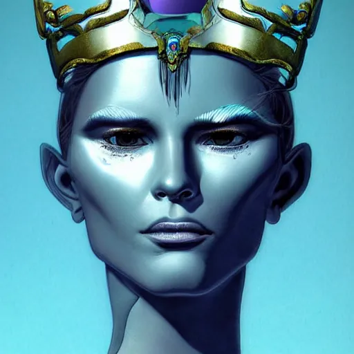 Prompt: artemixel, the modern reincarnation of the old selenium god of hunt, also known as artemis the selene, carrying the celebrated crown of the crescent moon wich its usual bright and slightly bluish crescent like the brightness of the night. close - up portrait by moebius, character designed, detailed sci - fi concept art