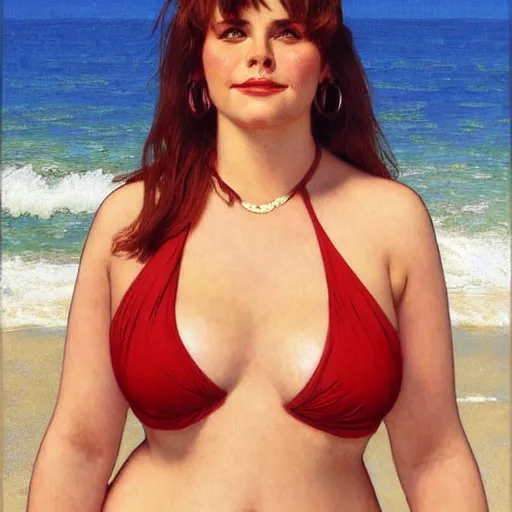 Image similar to portrait of cute 2 0 years old slightly obese courtney cox in red swimsuit running on a beach, intricate, hyperdetailed, photorealistic, diffuse lighting, hdrp, artstation, unreal 5, smooth, textless, sharp focus, art by john collier, albert aublet, krenz cushart, artem demura, alphonse mucha