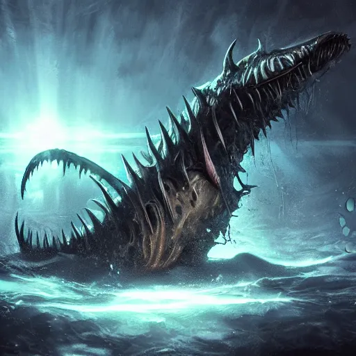 Image similar to a spiky eldritch underwater sea monster with sharp teeth illuminated by a spotlight in the deep dark ocean by Marek Okon, god rays, fantasy art, 4k, HDR, photorealistic, 8k, trending on artstation