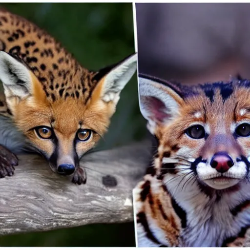 Prompt: a photograph of an ocelot and fox hybrid