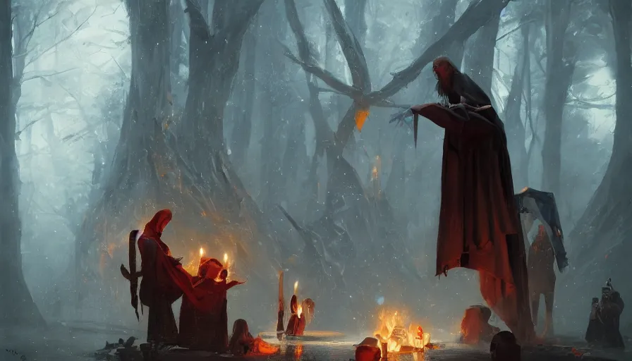 Image similar to A beautiful painting of a satanic ritual by an cult priest by greg rutkowski and Kalin Popov, trending on artstation