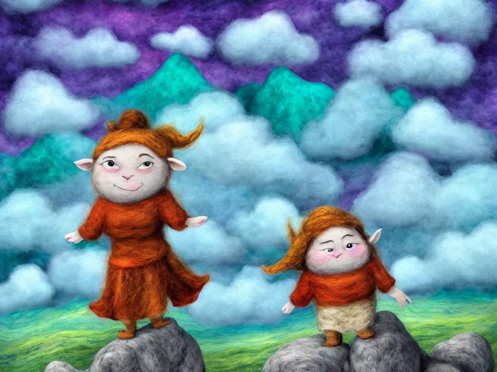 Prompt: A Mumintroll character in shape of wool felting amazing clouds, illustration by Birutė Demkutė, book cover, colorful background with mountains, 8k resolution, ultra detailed, matte painting, tarot card style, character design, watercolor detailed art