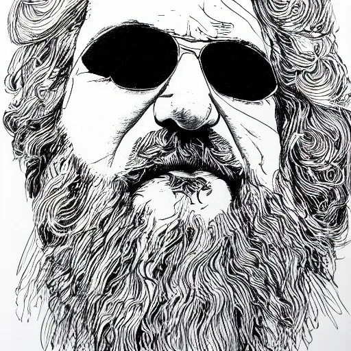 Image similar to continuous single line contour - drawing of jerry garcia, pen on white paper