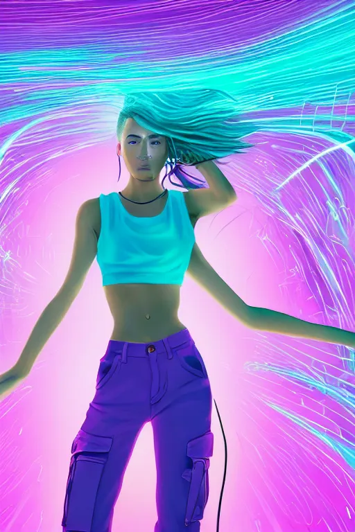 Image similar to a award winning half body portrait of a beautiful woman in a croptop and cargo pants with ombre purple pink teal hairstyle with head in motion and hair flying, surrounded by whirling illuminated lines, outrun, vaporware, shaded flat illustration, digital art, trending on artstation, highly detailed, fine detail, intricate