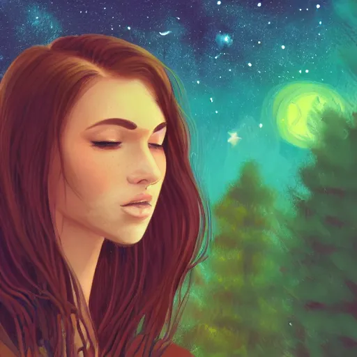 Image similar to a photo of a young woman with short brown hair, green eyes, beautiful trees in the background, night sky with multicolor stars and galaxies, trending on artstation