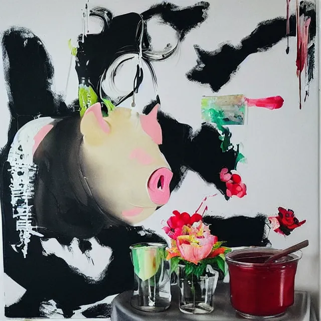 Prompt: “ a portrait in a female art student ’ s apartment, sensual, a pig theme, art supplies, paint tubes, ikebana, herbs, a candle dripping white wax, black walls, squashed berries, berry juice drips, acrylic and spray paint and oilstick on canvas, surrealism, neoexpressionism ”