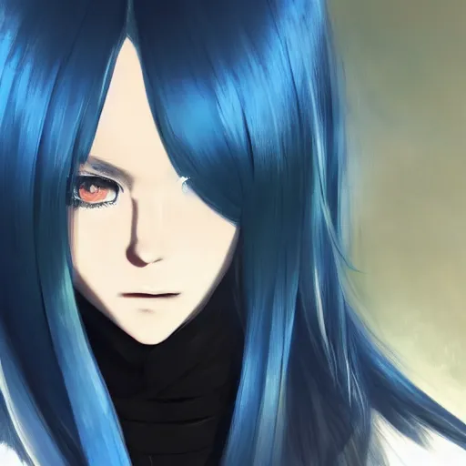 Image similar to full face shot of rimuru tempest, sky blue straight hair, long bangs, with amber eyes, wearing a fancy black jacket, high collar, ultra detailed, brush strokes, digital painting, cinematic, wlop artstation, closeup, pixiv, intense, intimidating glare, photorealistic, overpowering, makoto shinkai, andy warhol,