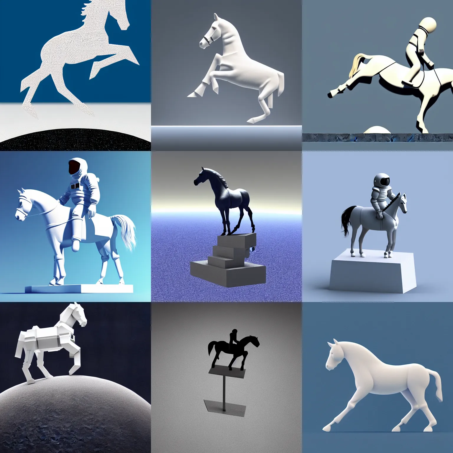 Prompt: an isometry view of a minimalistic horse standing on top of a human astronaut, minimalist style, 3 d render, the horse above, the astronaut below on the ground below the horse