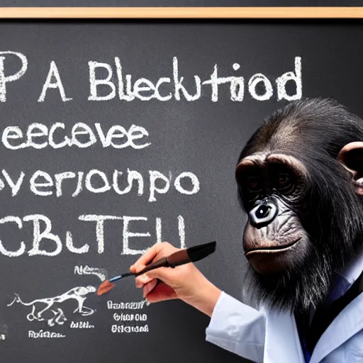 Image similar to a chimpanzee scientist teaching evolution blackboard