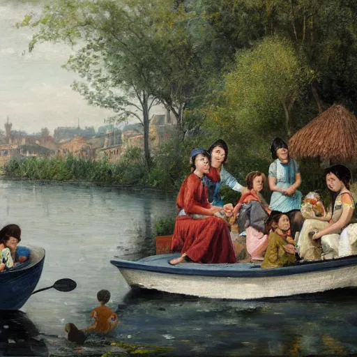 Prompt: The street art depicts a group of well-dressed women and children enjoying a leisurely boat ride on a calm day. The women are chatting and laughing while the children play with a toy boat in the foreground. figurativism by Daniel Ridgway Knights, by John Hejduk mournful