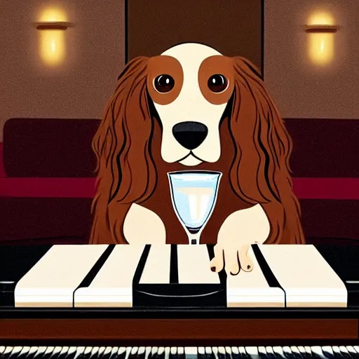 Prompt: a brown spaniel with a white chest playing a piano, Martini on the side. Artwork adult swim style, no text