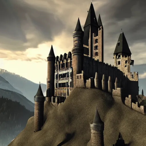 Image similar to wolfenstein castle, giant castle in mountains, scary, creepy, at night