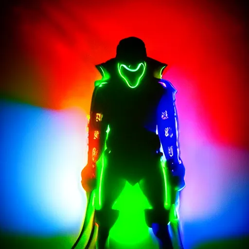 Image similar to a monster, neon lights, red, blue, green, dramatic lighting, heroic exposure, cool