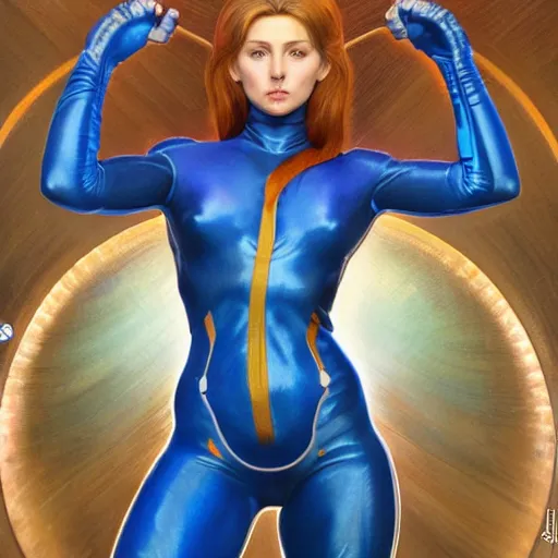 Prompt: Portrait of Samus Aran with blue jumpsuit drawn by Donato Giancola and Tom Bagshaw, face by Artgerm, overall design by Alphonse Mucha, background by James Jean and Gustav Klimt, light by Julie Bell, 4k, porcelain skin, komorebi, french nouveau, trending on artstation, octane render, hyperrealistic