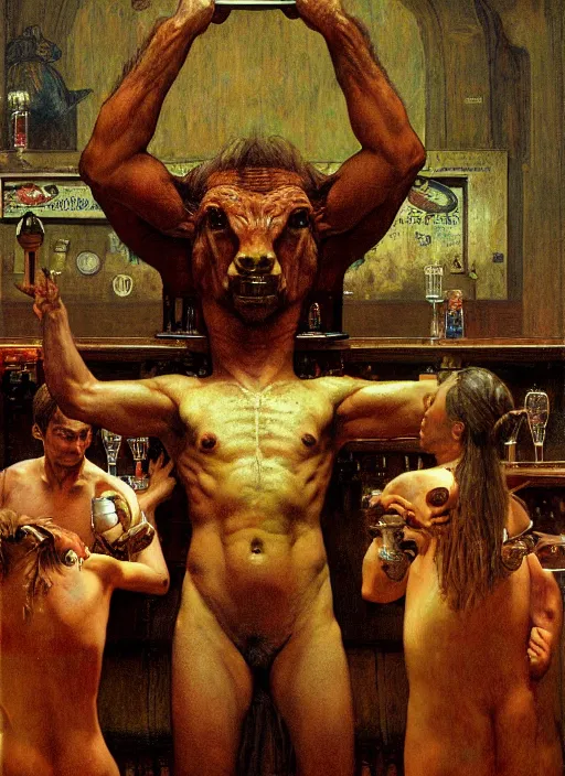 Image similar to upper body portrait of a minotaur in a pub, by lawrence alma-tadema and zdzislaw beksinski and norman rockwell and jack kirby, artstation creature art