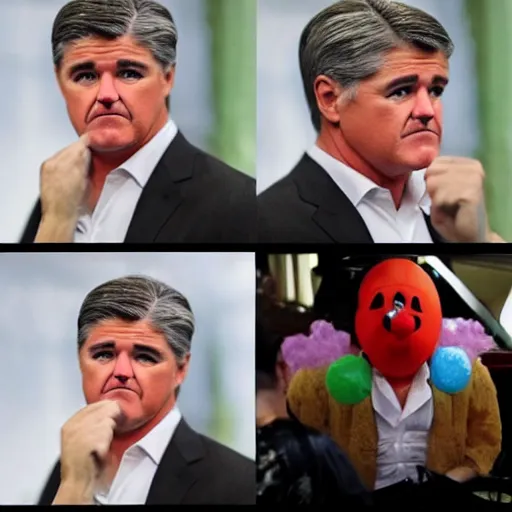 Prompt: Sean Hannity looking really, really sad and wearing a clown suit