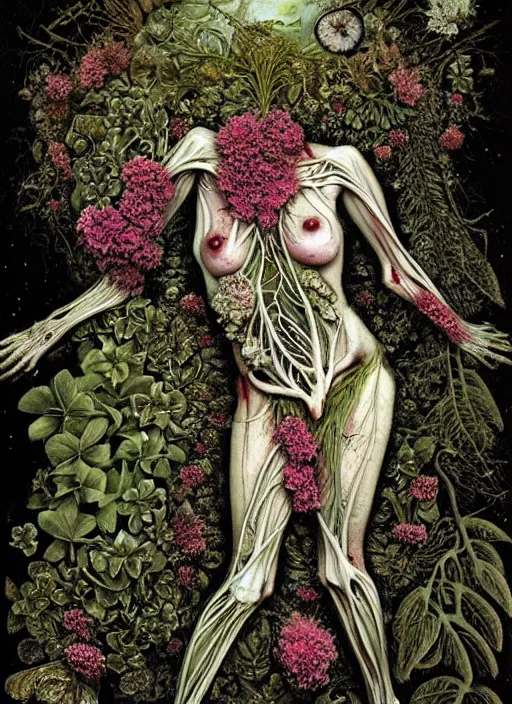 Image similar to beautiful and detailed rotten woman corpse with fractal plants and many different types of flowers growing around, muscles, veins, arteries, intricate, organs, ornate, surreal, john constable, guy denning, dan hillier