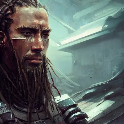 Image similar to Portrait of a man by Greg Rutkowski, a young, strong and hard-eyed futuristic warrior with brown hair with dreadlocks, wearing a futuristic space tactical gear that looks like a mix between the samurai, viking and templar aesthetics, mix between tribal and hi-tech, highly detailed portrait, scifi, space opera, digital painting, artstation, concept art, smooth, sharp foccus ilustration, Artstation HQ