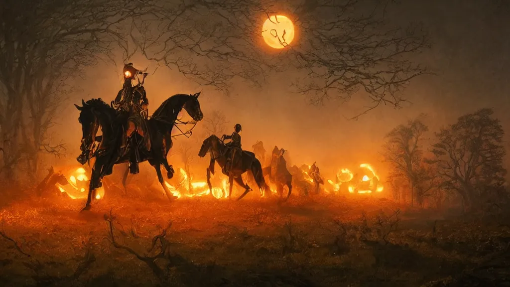 Image similar to a colonial rider!!!! with jack - o - lantern head on lone rampant!!! ( ( black horse ) ) with fiery eyes, background gnarled trees and large supermoon, in the styles of greg rutkowski, keith parkinson, and john quidor, intricate, detailed, volumetric lighting