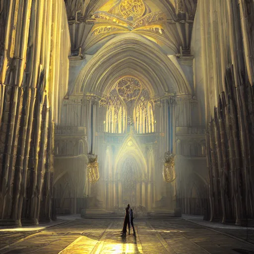 Prompt: a huge pile of money and coins in a huge cathedral with golden ray traced light by WLOP and tony sart, god rays, fantasy art, 4k, HDR, photorealistic, 8k, trending on artstation
