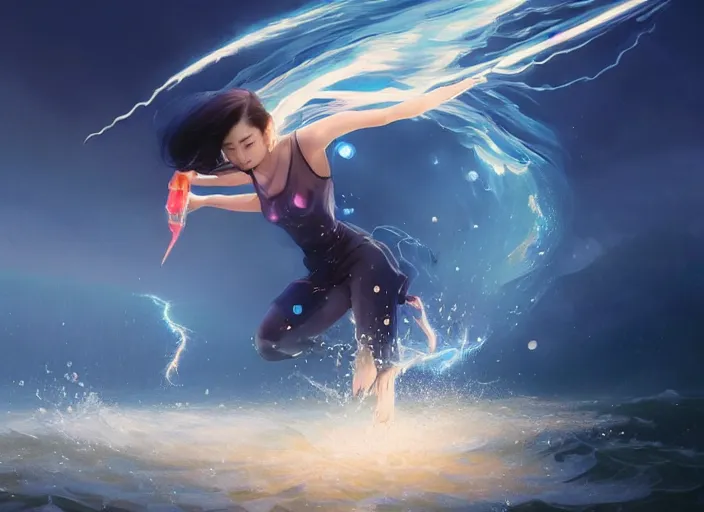 Prompt: seductive lee jin - eun running on water at super speed, emerging from multiversal galactic portal, splashes of lightning behind her, zooming past a jet, by ilya kuvshinov, peter mohrbacher, ruan jia, and james jean, aivazovsky, rule of thirds, coherent symmetry, close up, majestic, beautiful eyes