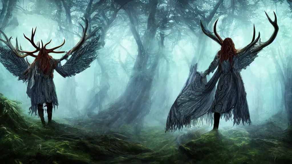 Image similar to A druid, with antlers and large wings, casting a powerful spell in the middle of an enormous, enchanted forest, dreamscape, dramatic lighting, fantasy art illustration, trending on artstation, Aetherpunk