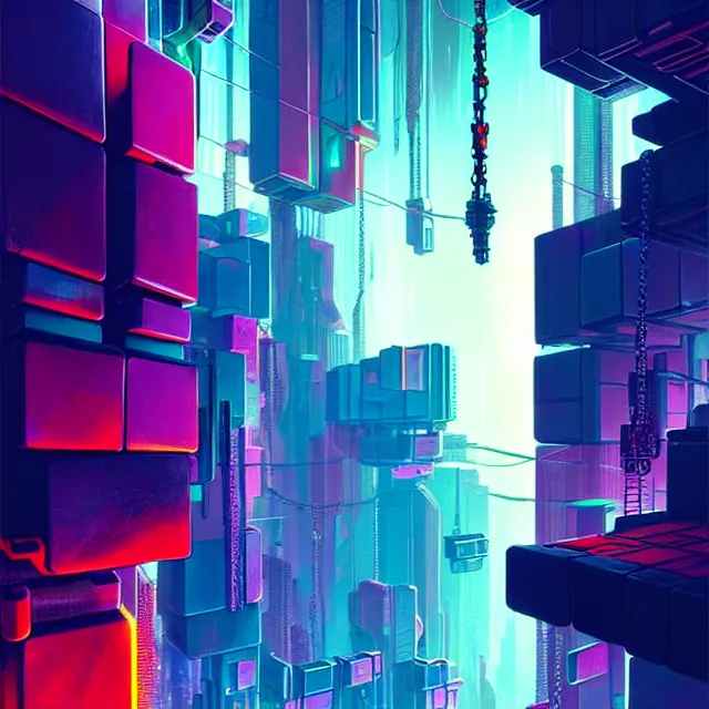 Image similar to a cyberpunk colorful cubes interconnected, chains connecting separate blocks, blockchain, symmetry, intricate, volumetric lighting, beautiful, rich deep colors masterpiece, sharp focus, ultra detailed, in the style of john harris