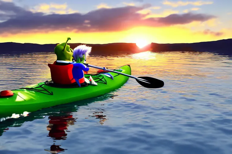 Image similar to a photo of shrek and sonic kayaking in the ocean during a beautiful sunset, photorealistic, hd, 8 k