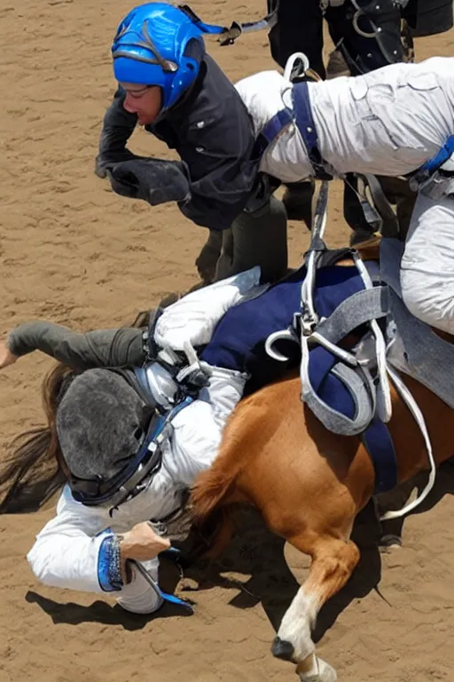 Image similar to horse wrestles astronaut on all fours on hands and knees in grappling in closed guard on mount position
